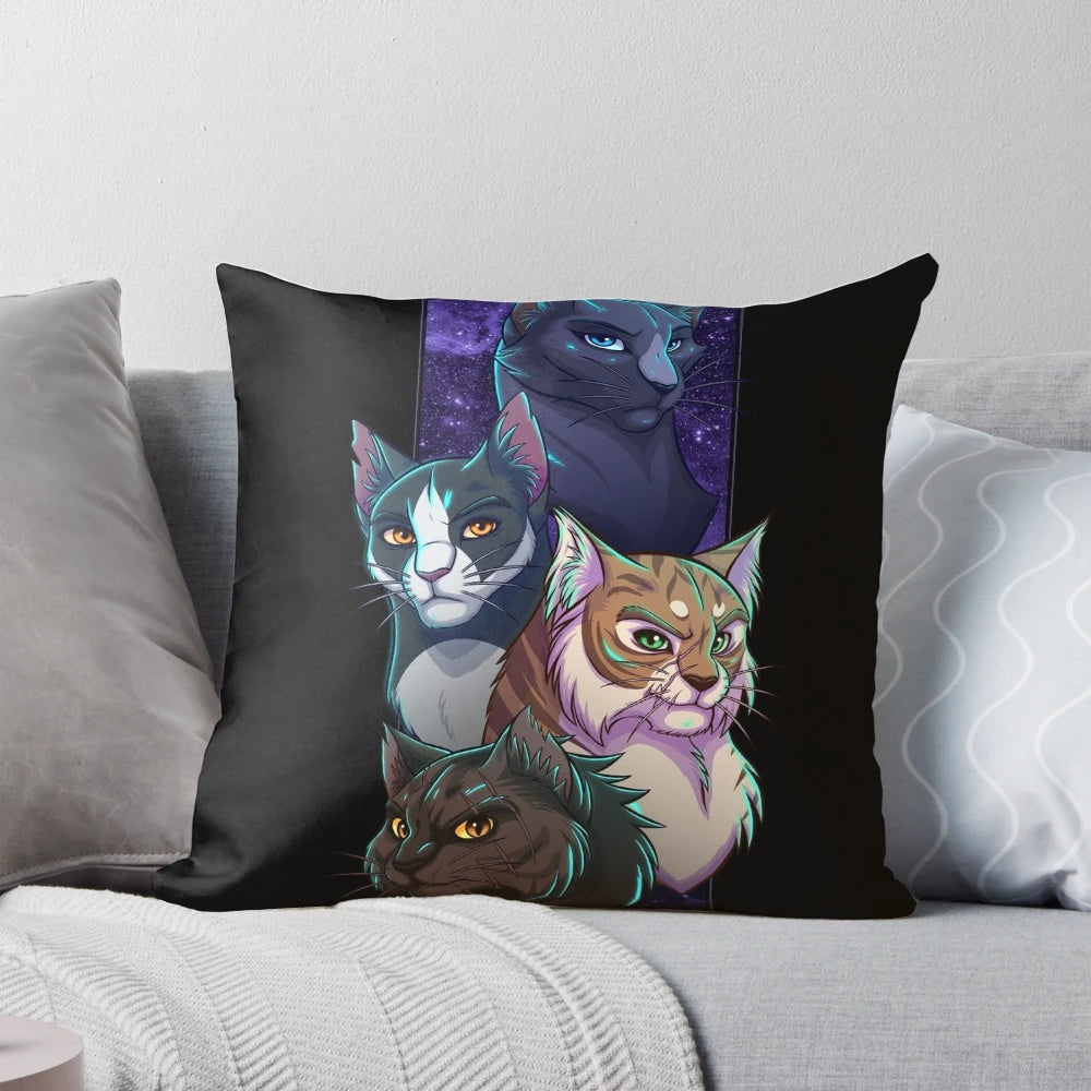 Among the Stars Pillow featuring a galaxy-inspired design with warrior cats and clan symbols