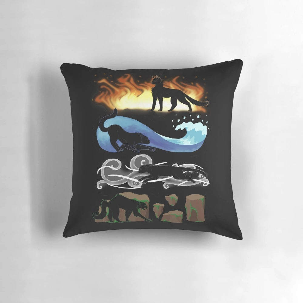 Pillows featuring the four warrior cat clans of fire, water, wind, and earth