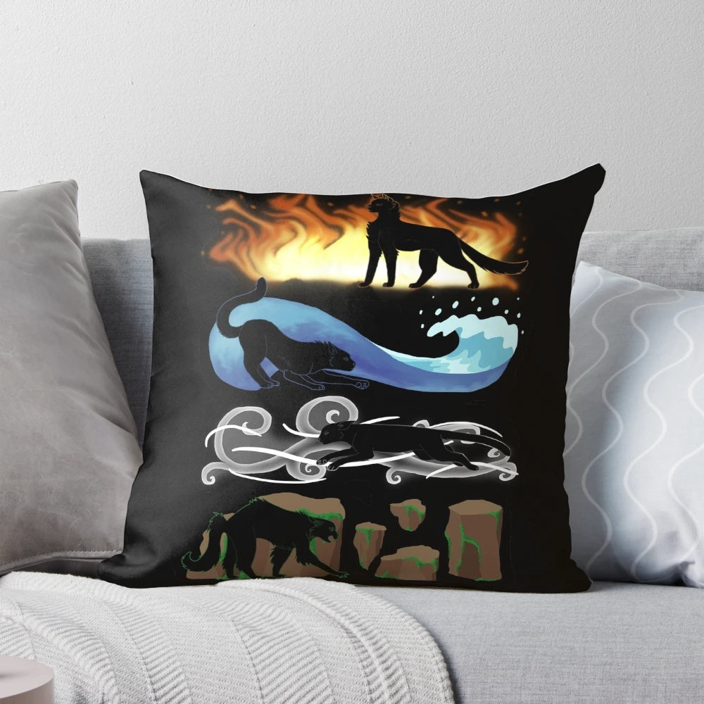 Pillows featuring the four warrior cat clans of fire, water, wind, and earth