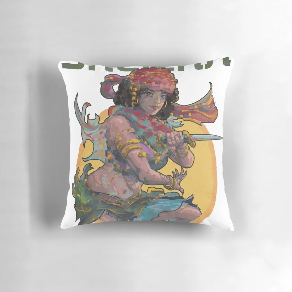 SHIEKHA pillow with warrior, fierce maiden, and middle eastern design