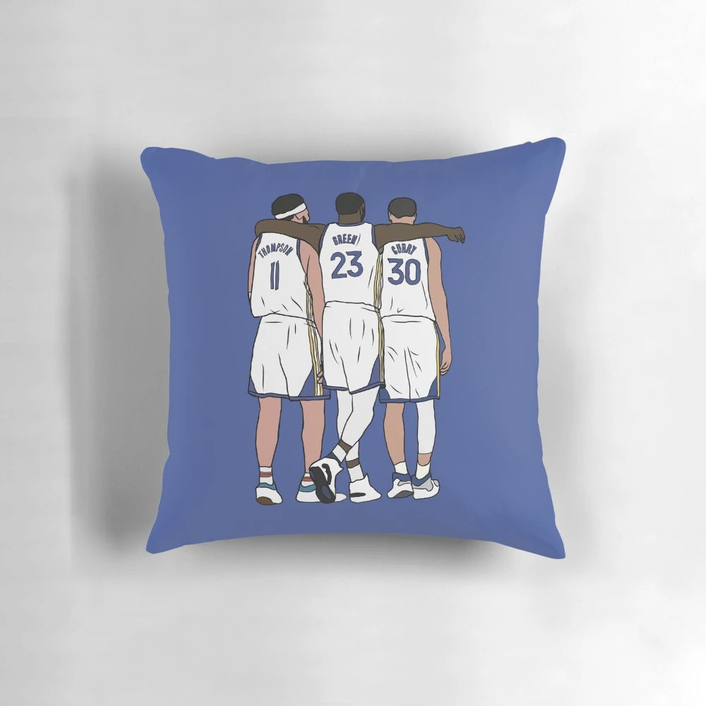 Pillow featuring the NBA's Golden State Warriors' big three players: Stephen Curry, Draymond Green, and Klay Thompson.