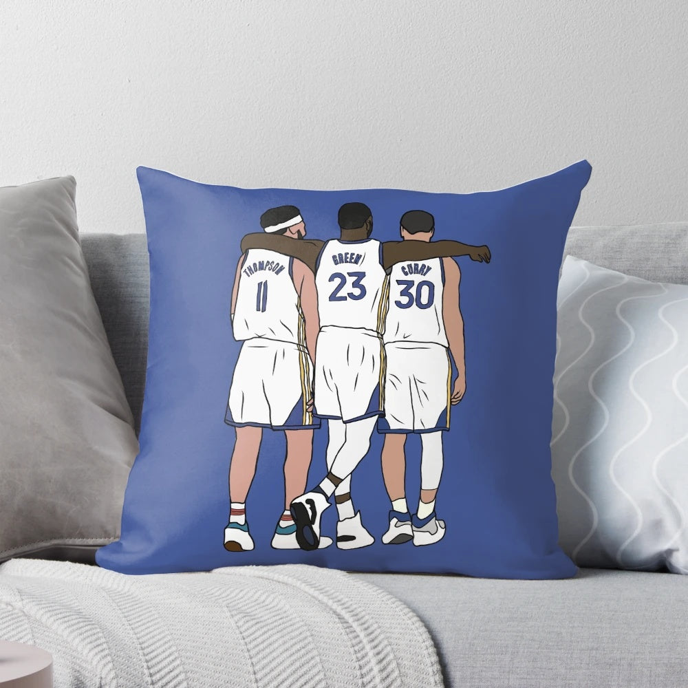 Pillow featuring the NBA's Golden State Warriors' big three players: Stephen Curry, Draymond Green, and Klay Thompson.