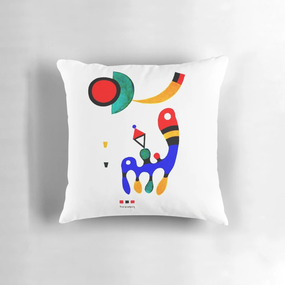 Wassily Kandinsky abstract art pillow featuring his 1944 Composition with primary colors and geometric shapes