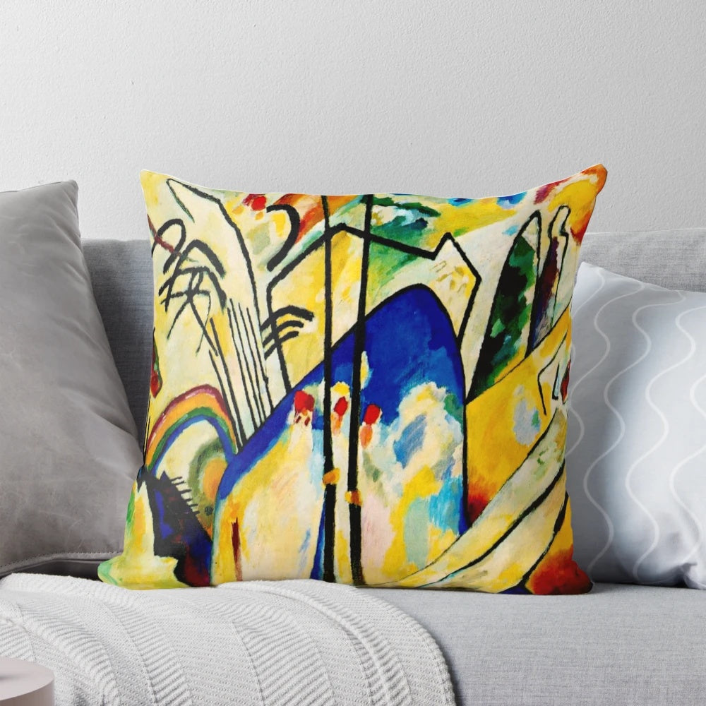 Vibrant abstract art pillow inspired by Wassily Kandinsky's Composition IV painting