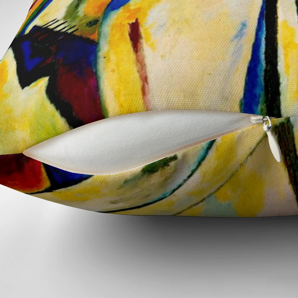 Vibrant abstract art pillow inspired by Wassily Kandinsky's Composition IV painting
