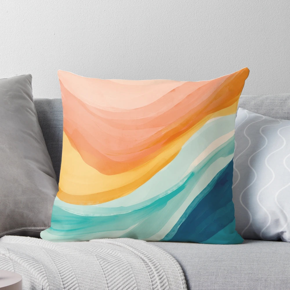 Vibrant watercolor abstract design featuring sunrise waves in shades of pink, yellow, and blue on a plush throw pillow.