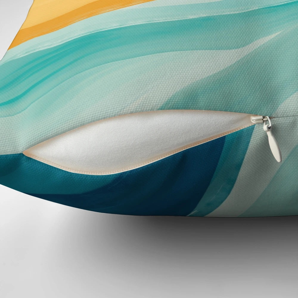 Vibrant watercolor abstract design featuring sunrise waves in shades of pink, yellow, and blue on a plush throw pillow.