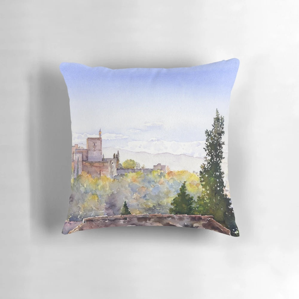Vibrant watercolor illustration of the iconic Alhambra Palace in Granada, Spain, showcased on a cozy throw pillow.