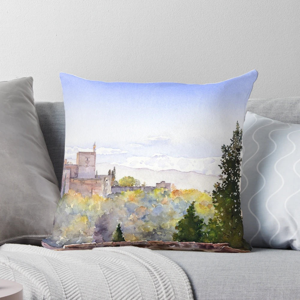 Vibrant watercolor illustration of the iconic Alhambra Palace in Granada, Spain, showcased on a cozy throw pillow.