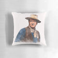 Watercolor portrait of iconic actor John Wayne as "The Duke" on a decorative pillow