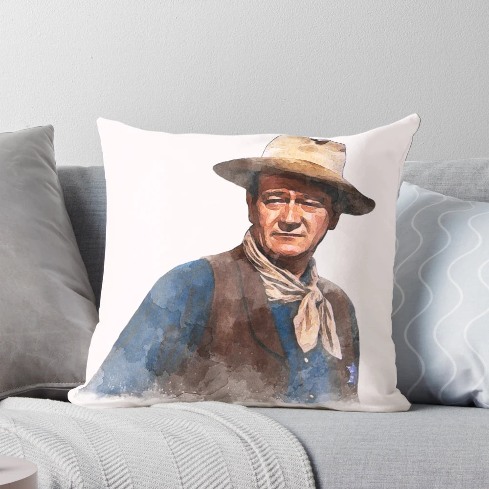 Watercolor portrait of iconic actor John Wayne as "The Duke" on a decorative pillow
