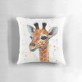 A watercolor painting of a cute baby giraffe on a decorative pillow for a nursery or child's room.