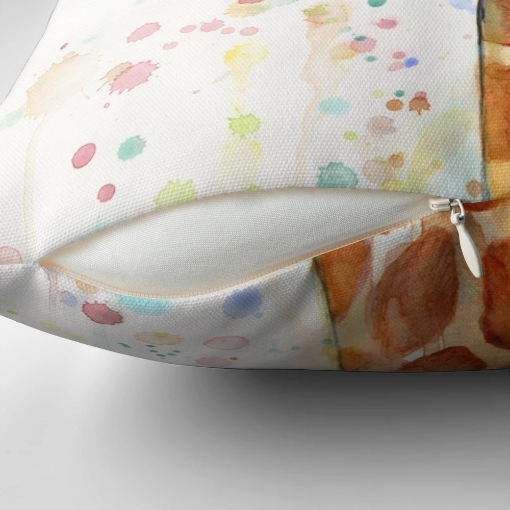 A watercolor painting of a cute baby giraffe on a decorative pillow for a nursery or child's room.