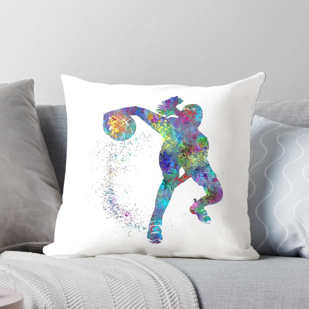 Watercolor illustration of a basketball girl on a plush pillow for basketball fans