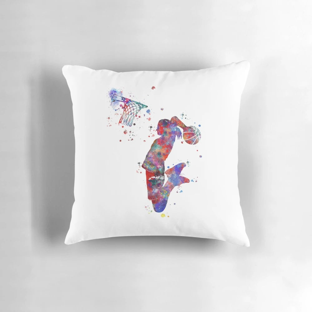 Watercolor painting of a basketball player on a soft, plush pillow