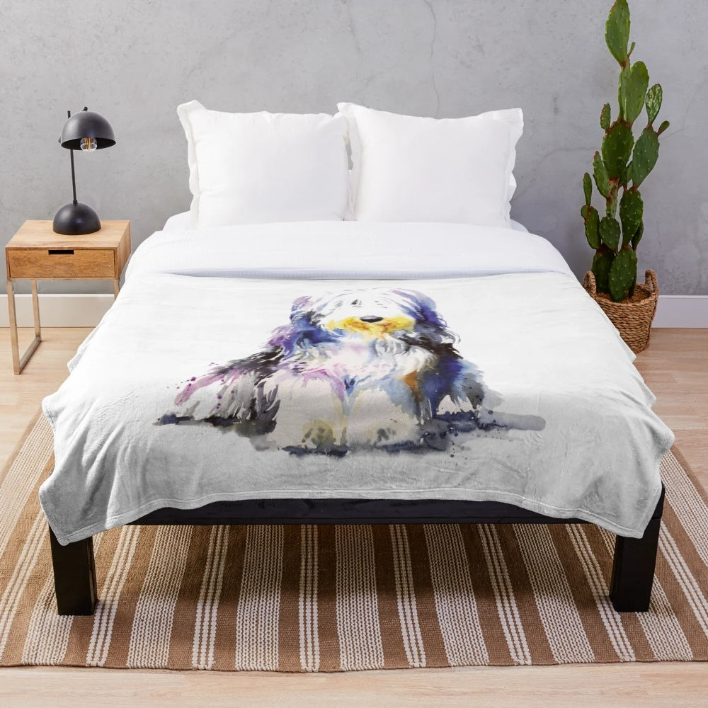 Bearded collie watercolor plush blanket