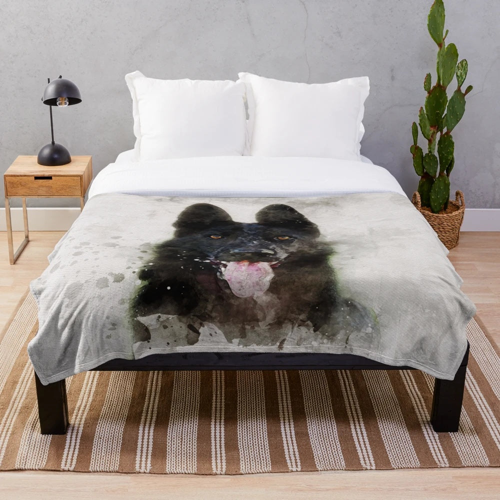 Watercolor painting of a black German shepherd dog on a plush blanket