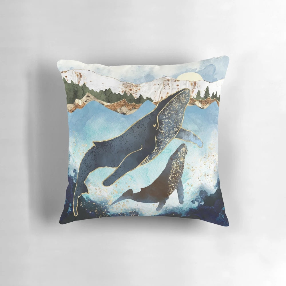 Watercolor-style Bond V Pillow featuring serene ocean, mountain, and forest imagery