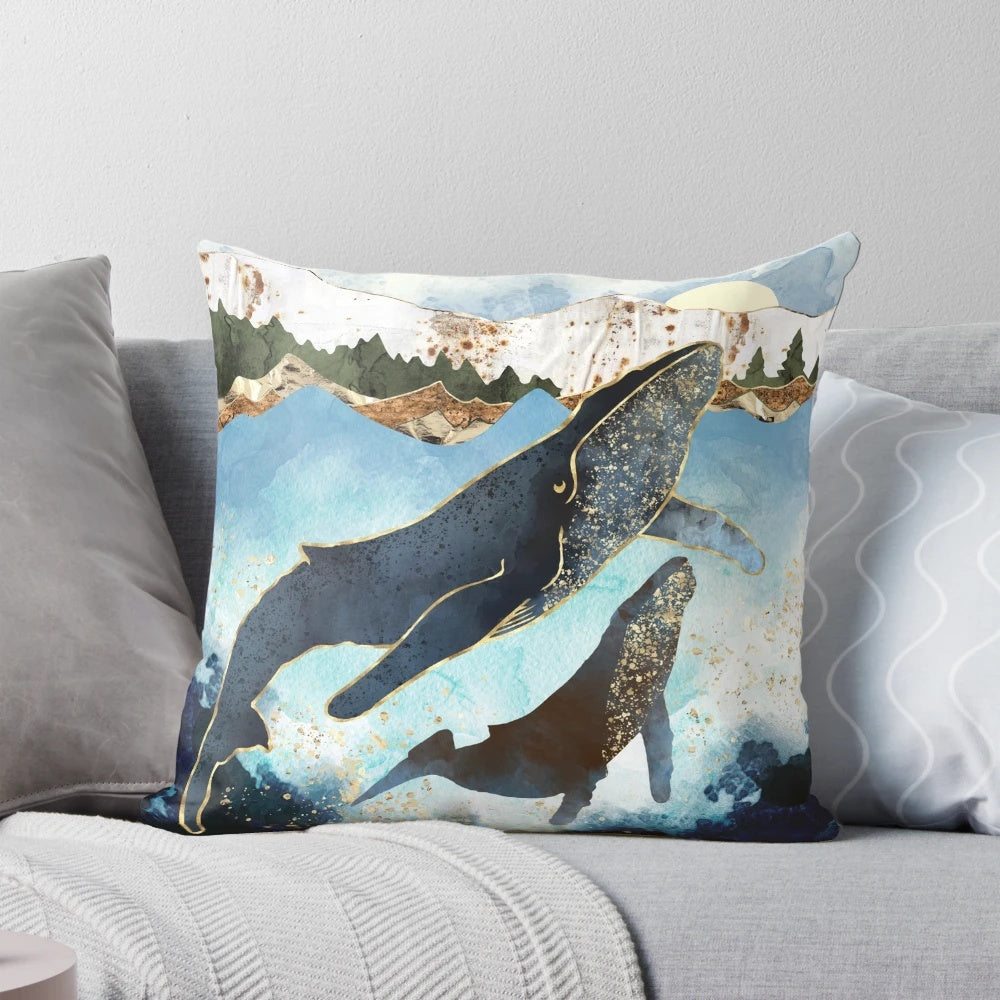Watercolor-style Bond V Pillow featuring serene ocean, mountain, and forest imagery