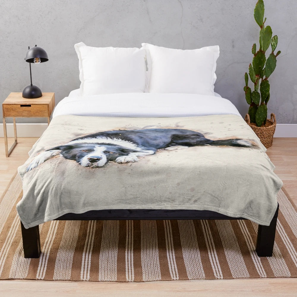 Watercolor portrait of a cute border collie dog on a plush blanket