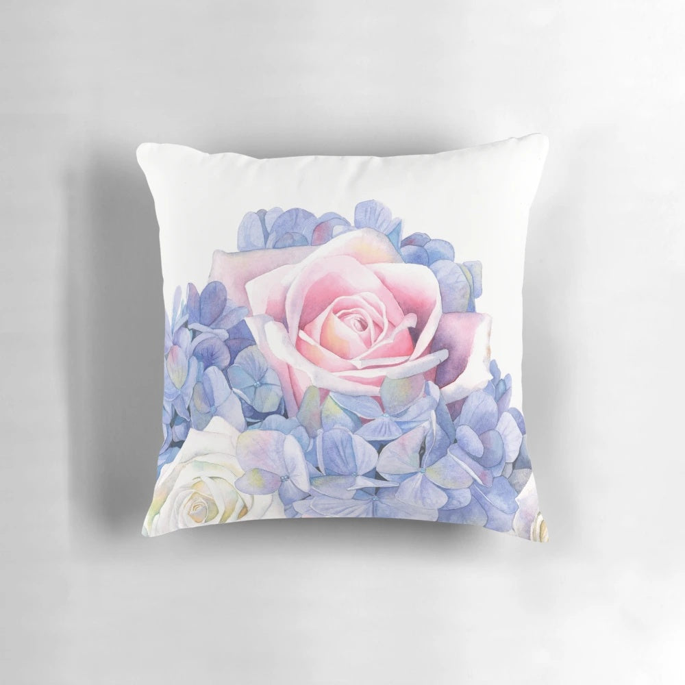 A beautiful watercolor painting of a bouquet of pink and blue flowers, including roses and hydrangeas, against a light background.