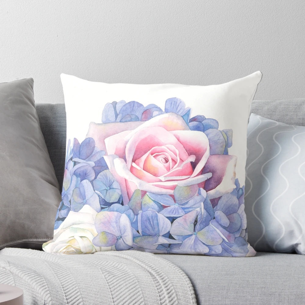 A beautiful watercolor painting of a bouquet of pink and blue flowers, including roses and hydrangeas, against a light background.