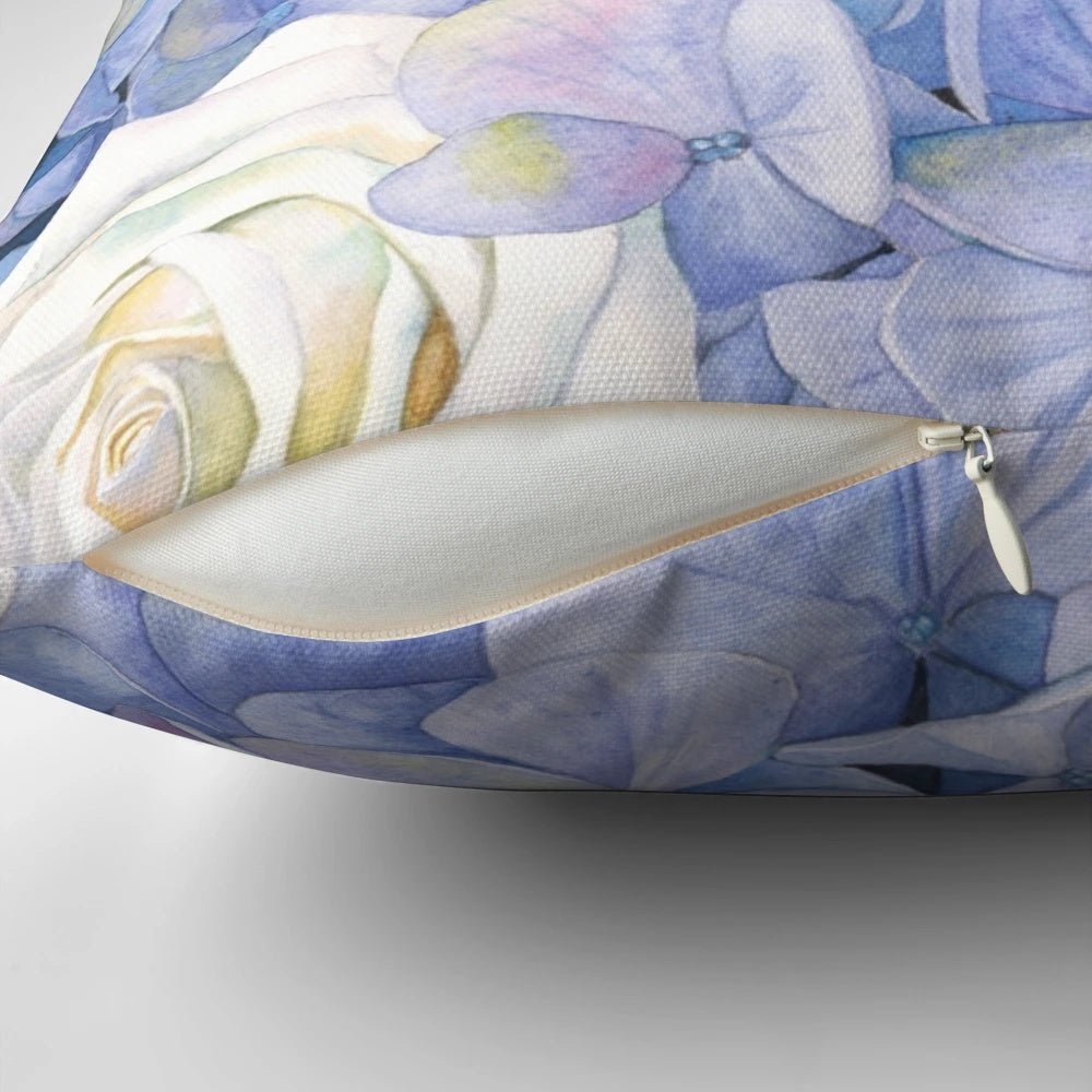 A beautiful watercolor painting of a bouquet of pink and blue flowers, including roses and hydrangeas, against a light background.