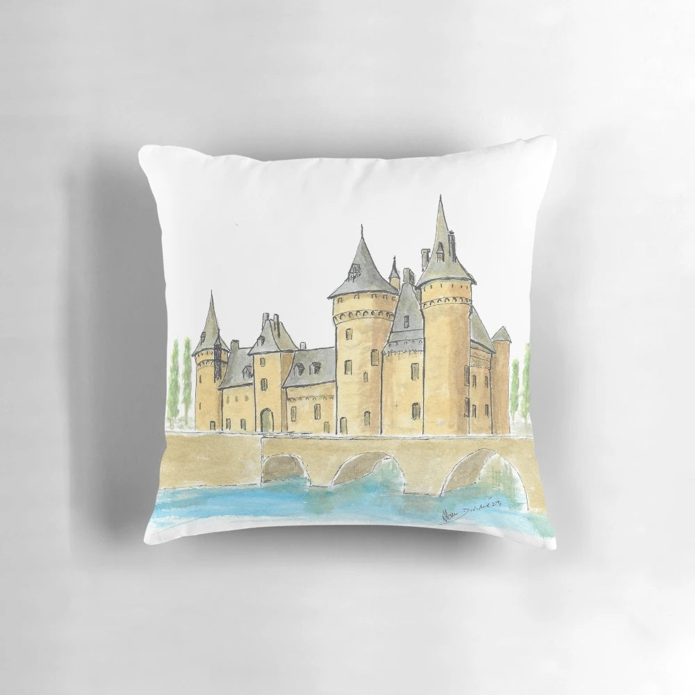 Watercolor painting of the castle of Sully sur Loire, a stunning French castle in the Loire Valley