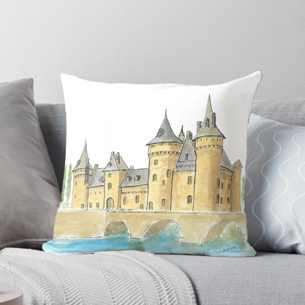 Watercolor painting of the castle of Sully sur Loire, a stunning French castle in the Loire Valley
