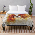 Watercolor portrait of a Cavalier King Charles Spaniel dog on a plush blanket