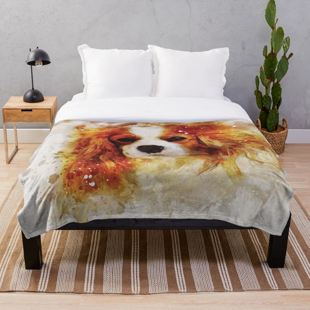 Watercolor portrait of a Cavalier King Charles Spaniel dog on a plush blanket