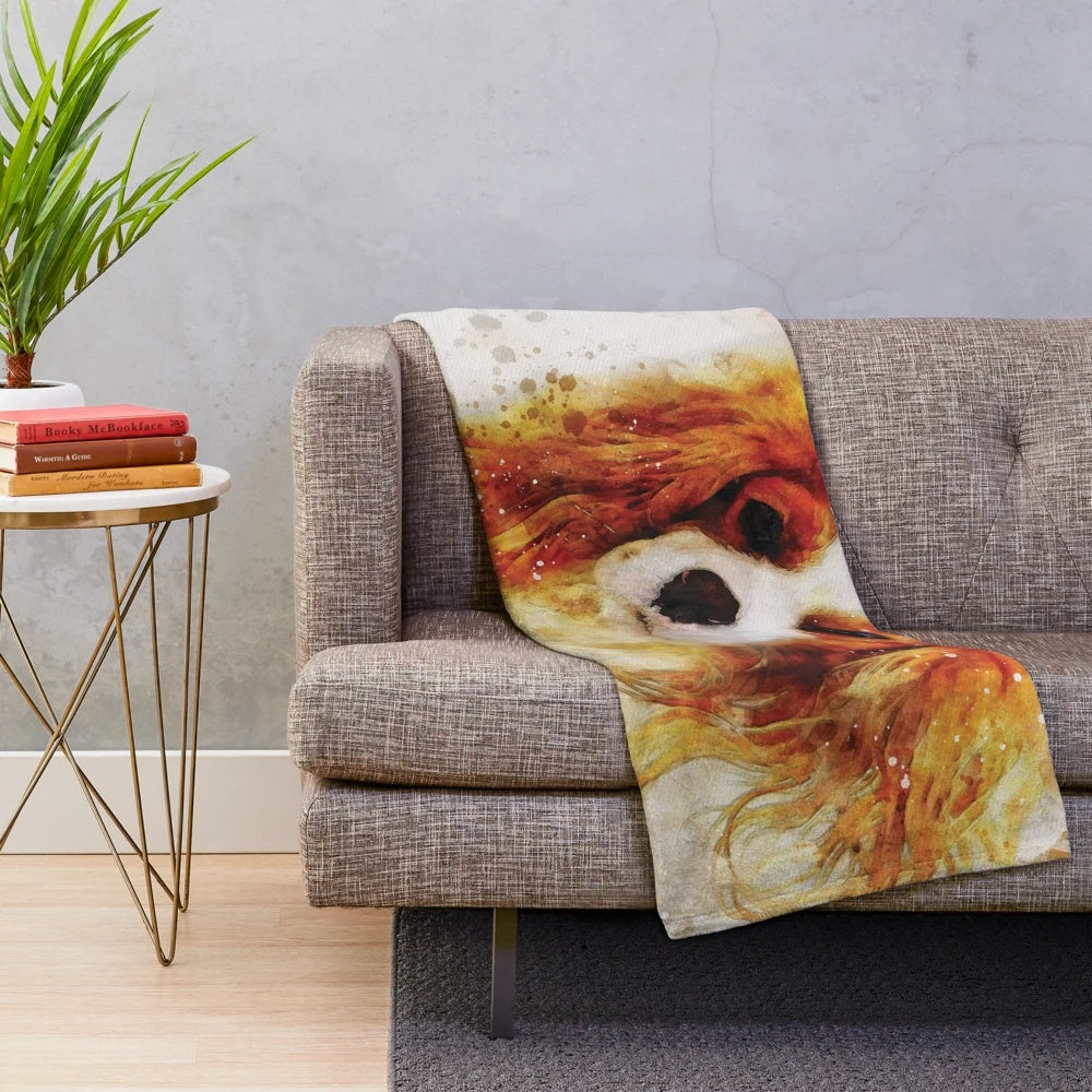 Watercolor portrait of a Cavalier King Charles Spaniel dog on a plush blanket
