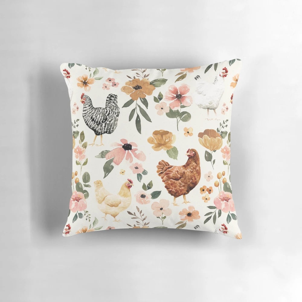 Watercolor Chicken Floral Farmhouse Pillow