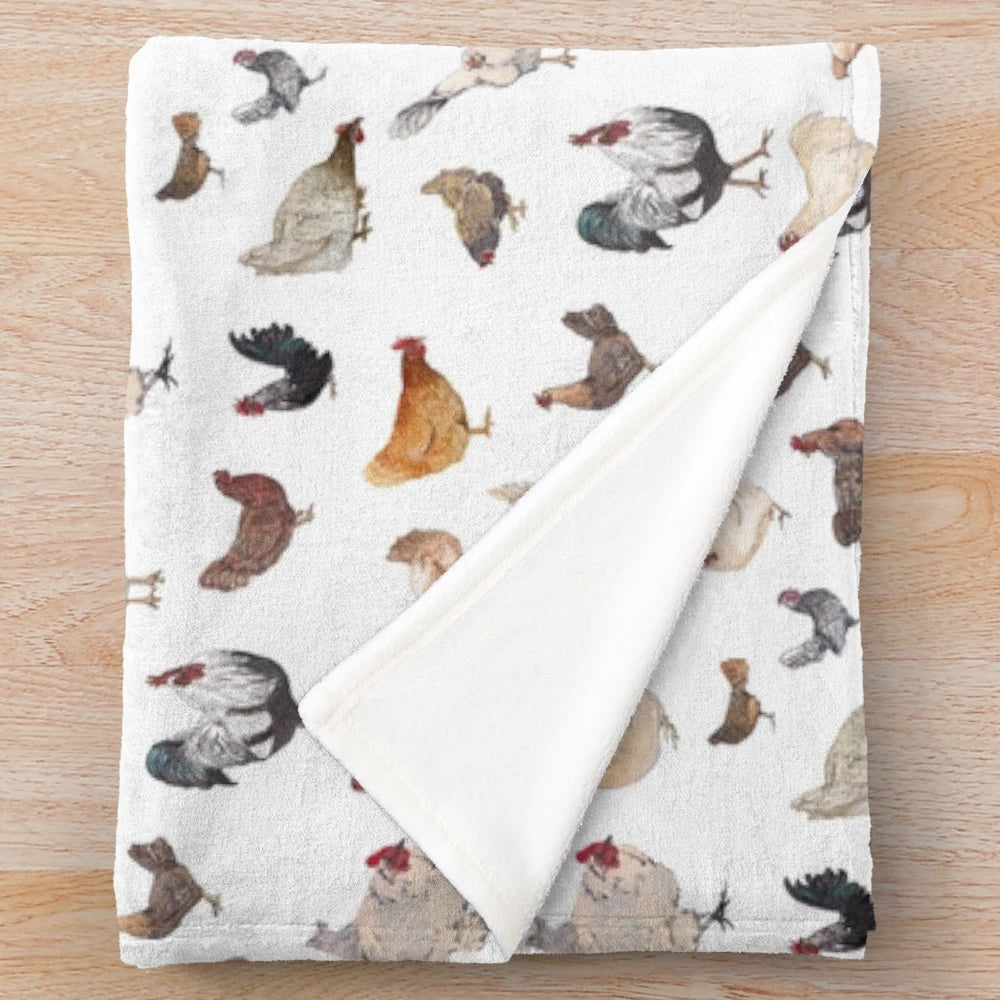 Watercolor chicken print on a cozy plush blanket