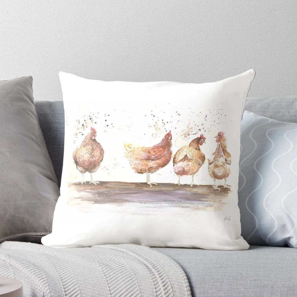 Watercolor Chickens Decorative Pillow for Farmhouse Decor
