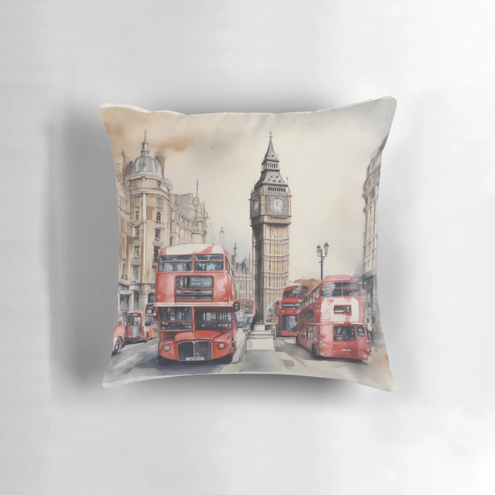 Vibrant watercolor illustration of the London skyline featuring Big Ben and a red double-decker bus