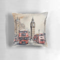 Vibrant watercolor illustration of the London skyline featuring Big Ben and a red double-decker bus