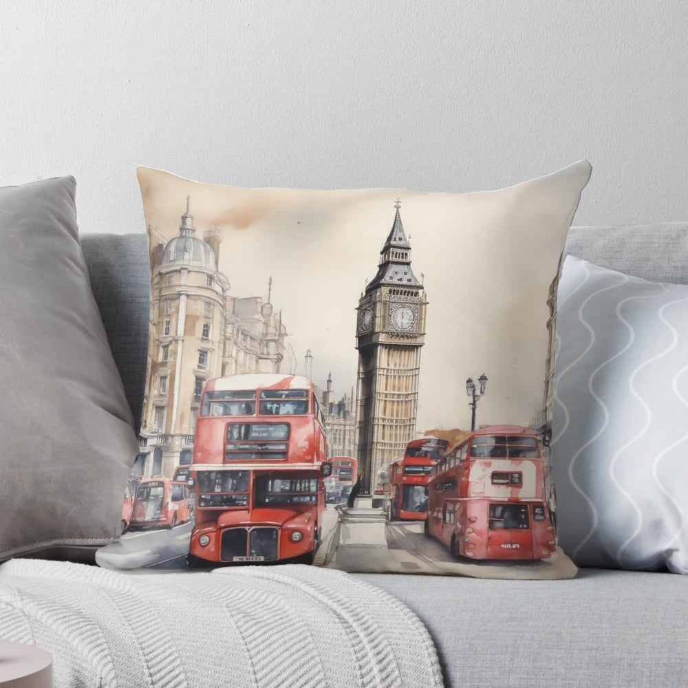 Vibrant watercolor illustration of the London skyline featuring Big Ben and a red double-decker bus
