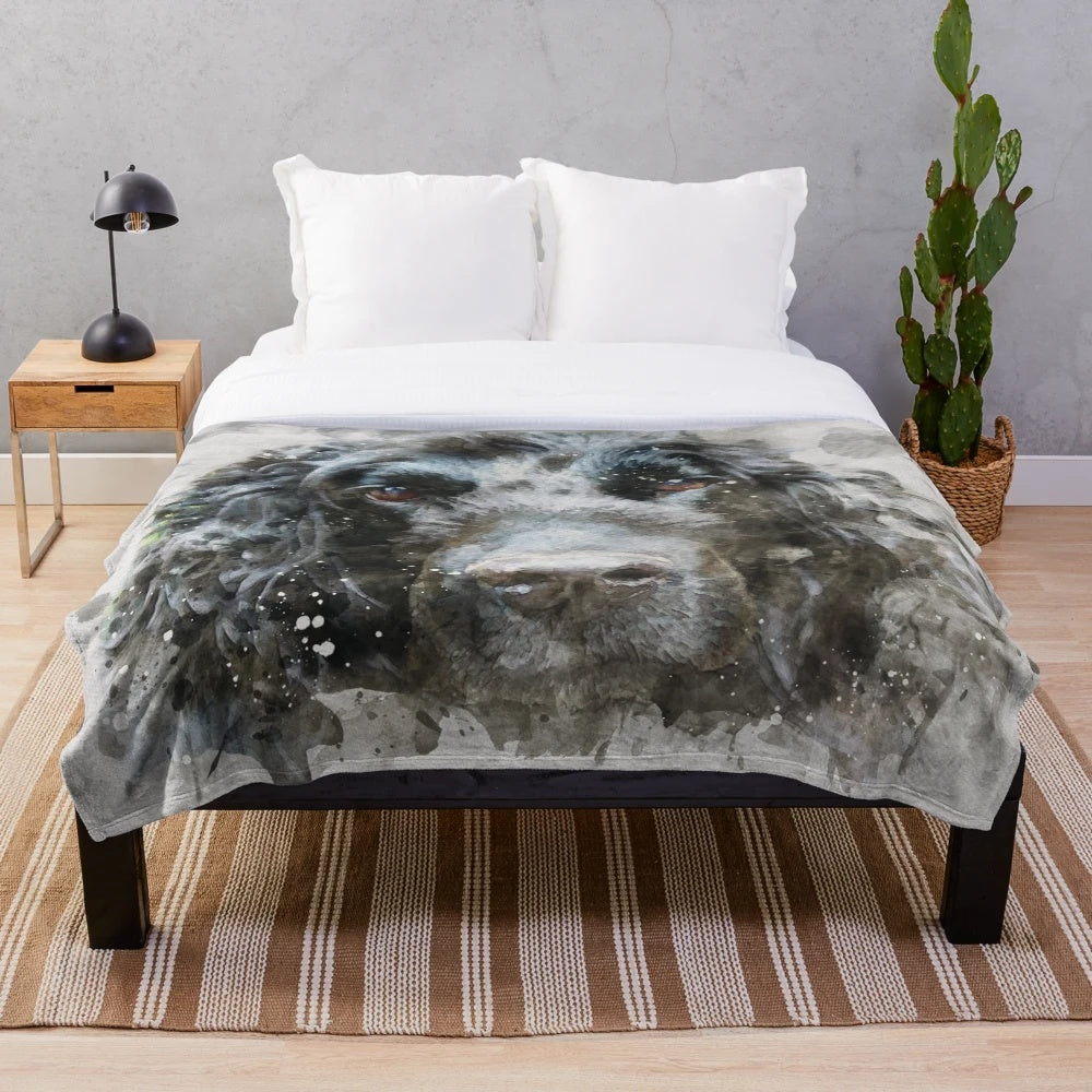 Watercolor painting of a cocker spaniel dog on a plush blanket