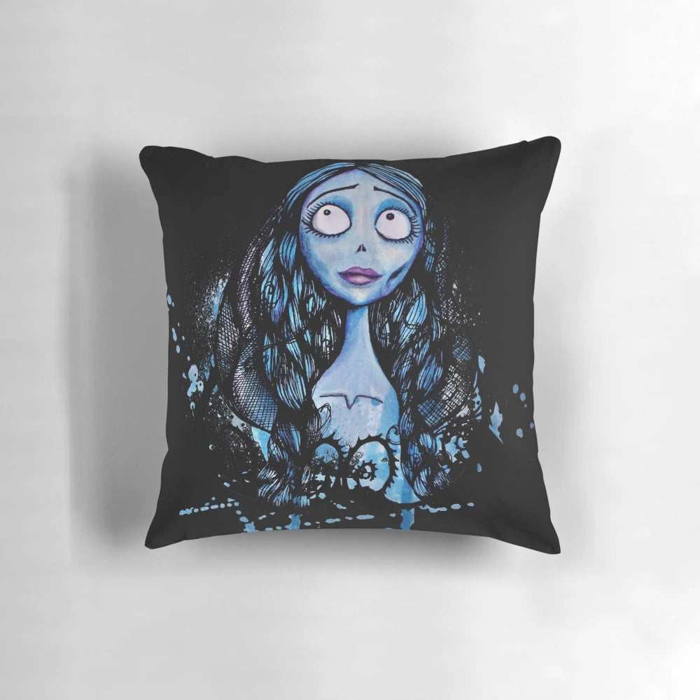 Watercolor Corpse Bride Throw Pillow with Emily Character from Tim Burton's Classic Animation