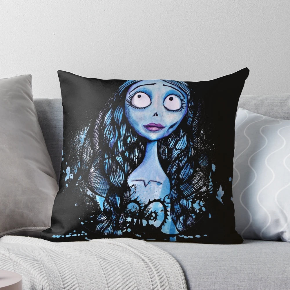 Watercolor Corpse Bride Throw Pillow with Emily Character from Tim Burton's Classic Animation