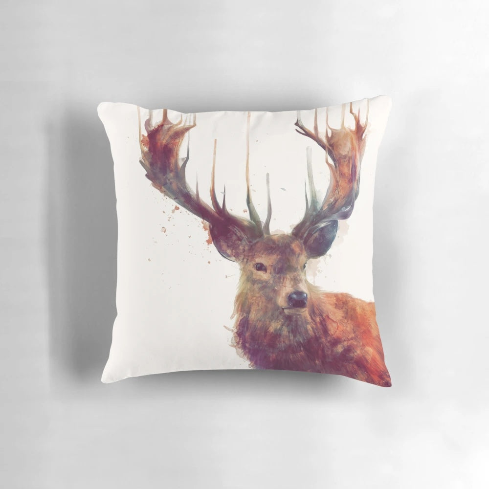 Watercolor painting of a red deer stag with antlers in a natural forest setting