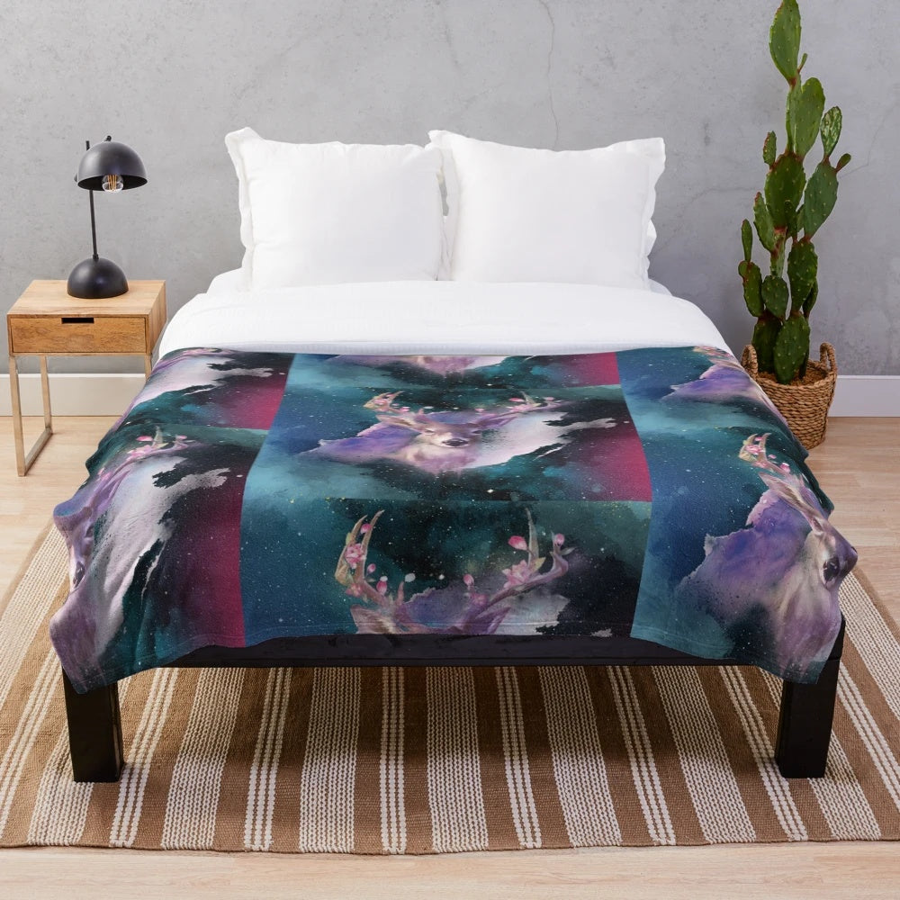 Watercolor deer and floral design plush blanket