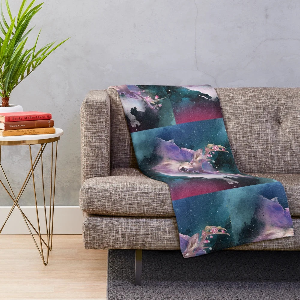 Watercolor deer and floral design plush blanket