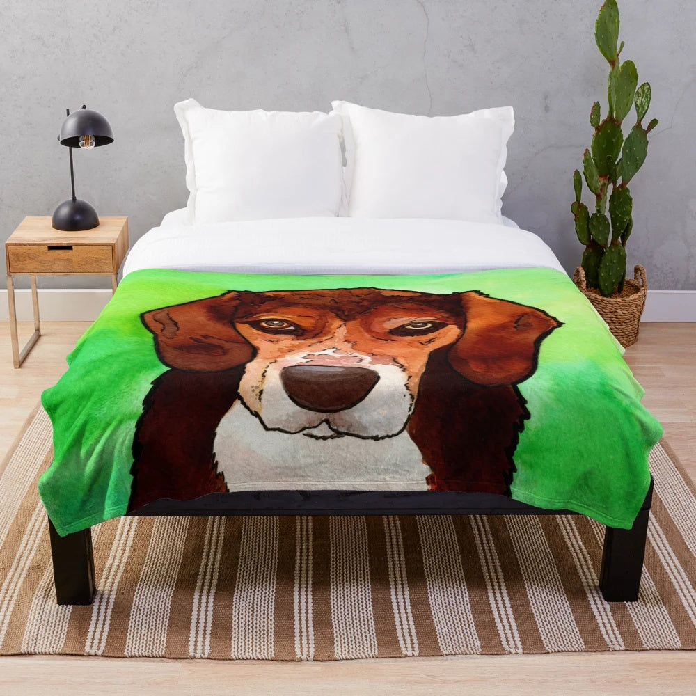 Watercolor painting of a beagle dog on a plush, cozy blanket