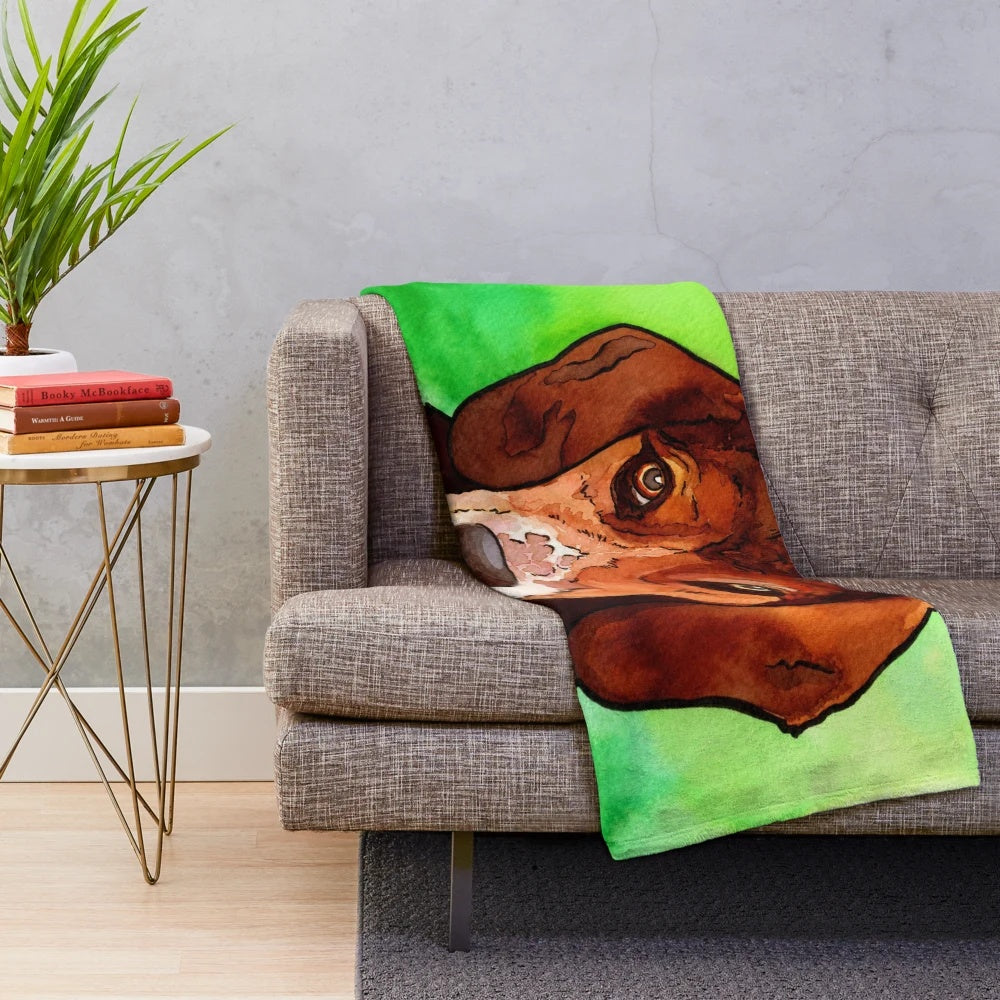Watercolor painting of a beagle dog on a plush, cozy blanket