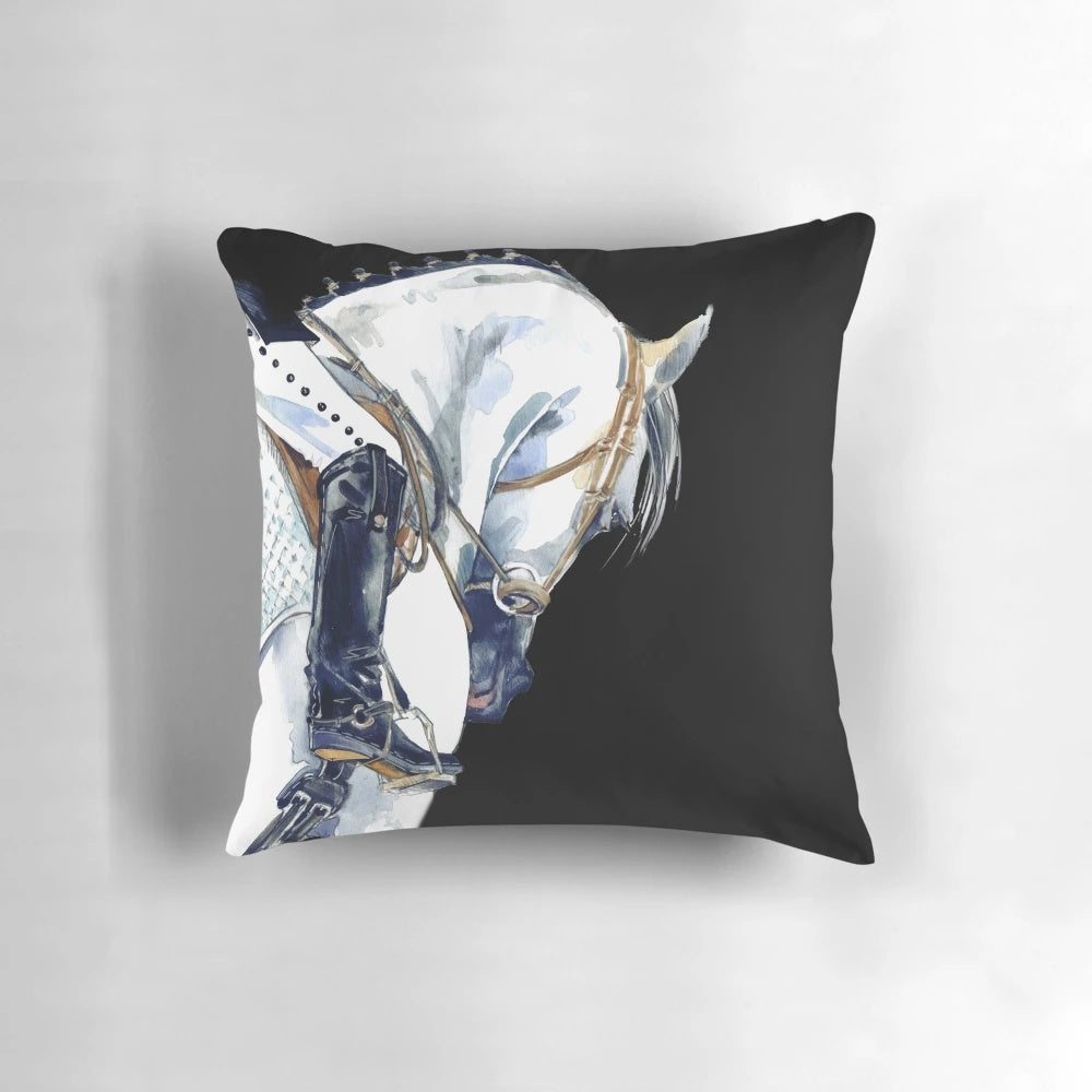Watercolor illustration of a dressage horse and rider in an equestrian competition setting.