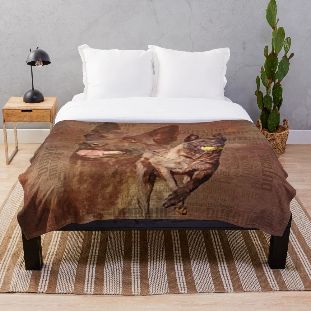Watercolor image of a Dutch Shepherd dog breed on a plush blanket