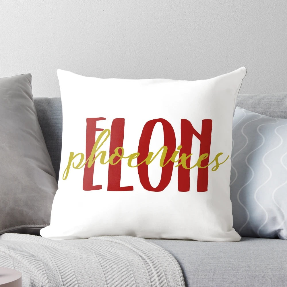 Watercolor design of the Elon University Phoenixes logo on a decorative throw pillow