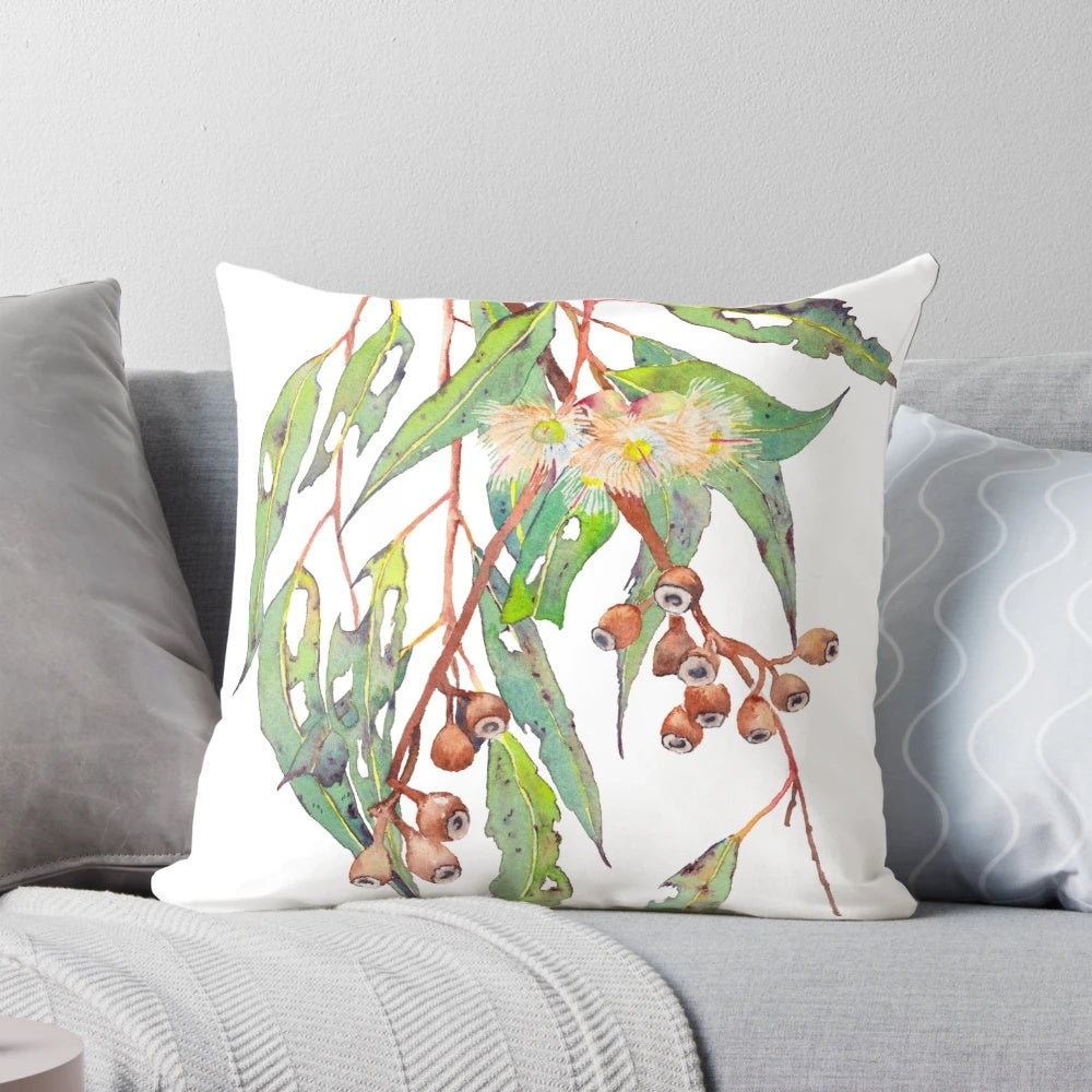 Watercolor illustration of an eucalyptus tree branch with white flowers and gumnuts